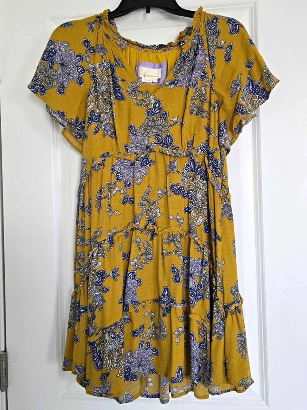 Anthropologie Mustard Floral Tiered Short Sleeve Dress with Blue Accents